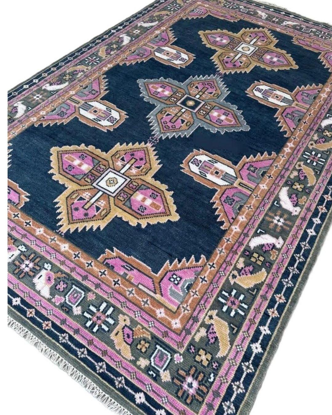 Navy Pink Oushak Hand Knotted Oushak Rug | Antique Oriental Design Area Carpet in 5x8, 6x9, 8x10,9x12 ft for Living Room,Bedroom or Kitchen