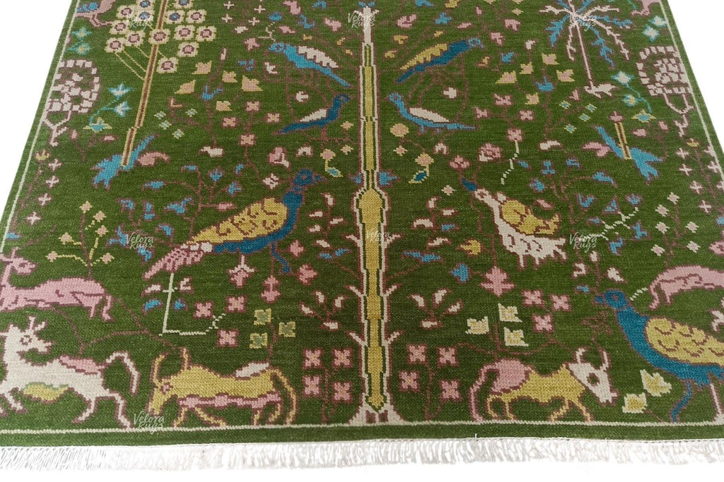 Hand Knotted Green Oushak Rug | Persian Animal Garden Area Rug 4x6, 5x8, 8x10, 9x12 ft | Anique Handmade Rug for Living Room &  Bedroom
