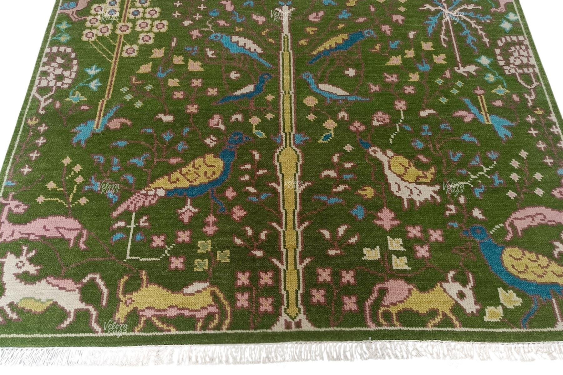 Hand Knotted Green Oushak Rug | Persian Animal Garden Area Rug 4x6, 5x8, 8x10, 9x12 ft | Anique Handmade Rug for Living Room &  Bedroom