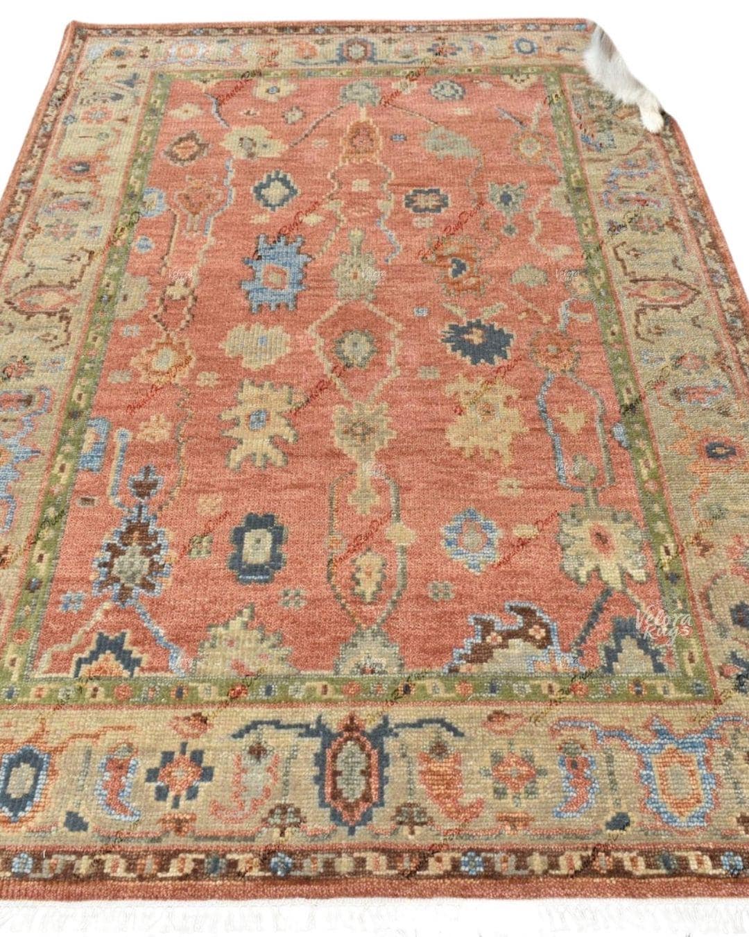 Terracotta Oushak Hand-Knotted Wool Turkish Rug | Burnt Orange Oriental Area Rug | Vintage Style Wool Rug | Custom Size Living Room Decor