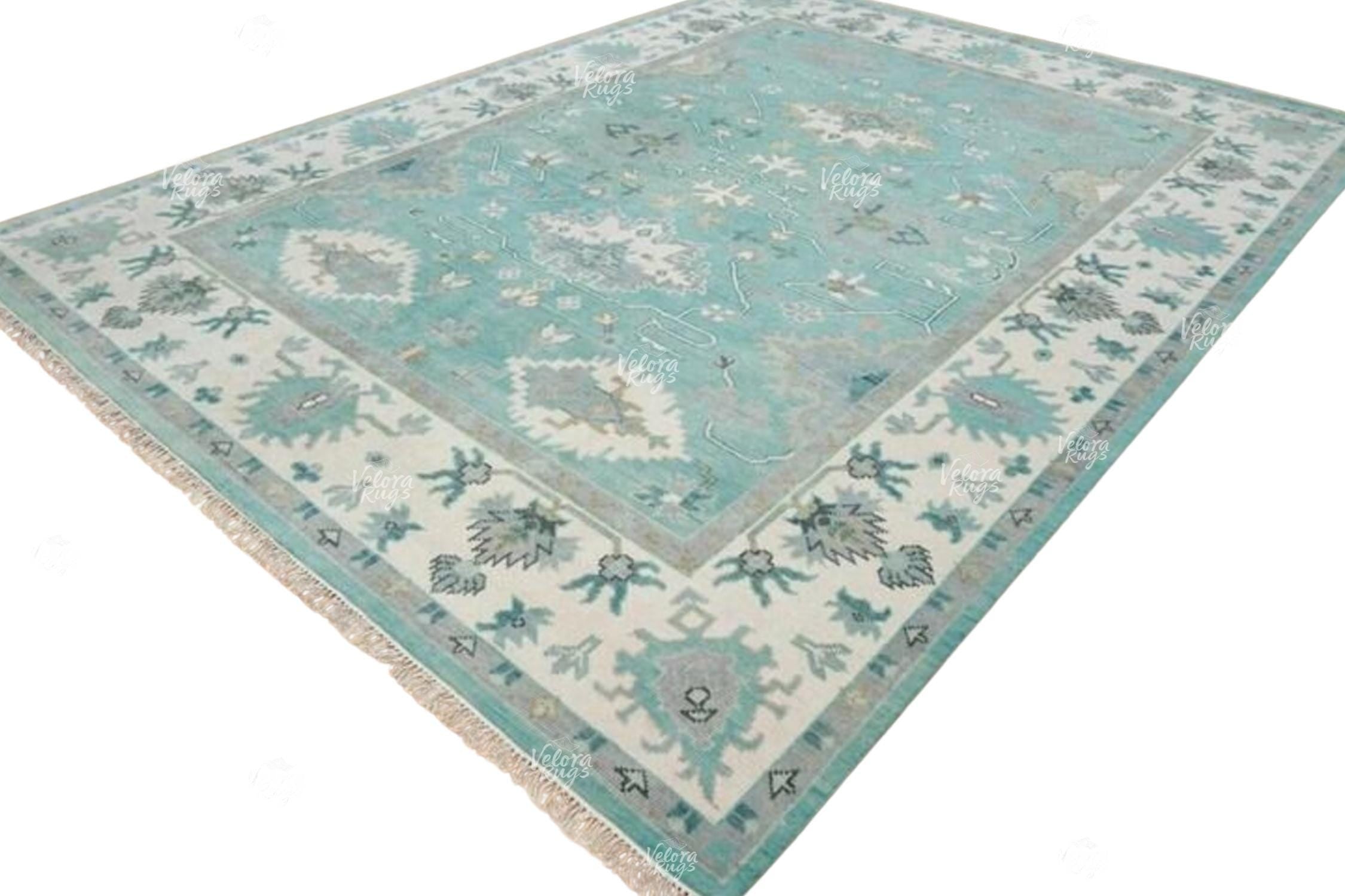 Aqua Blue Oushak Style Hand-Knotted Rug – 4x6, 5x8, 6x9, 8x10, 9x12, 10x14 ft | Handmade Antique-Inspired Contemporary Rug for Living Room