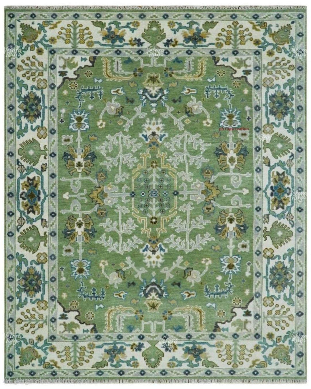 Green Hand-Knotted Wool Area Rug | Traditional Oriental Oushak Design | Vintage Turkish Style Carpet | Bohemian Living Room Rug  And Bedroom