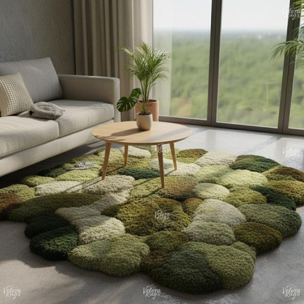 Hand-Tufted Moss Rug | 3D Green Pebble Carpet | Nature Inspired Textured Floor Mat | Soft Wool Tufted Area Rug, Living Room & Bedroom Decor