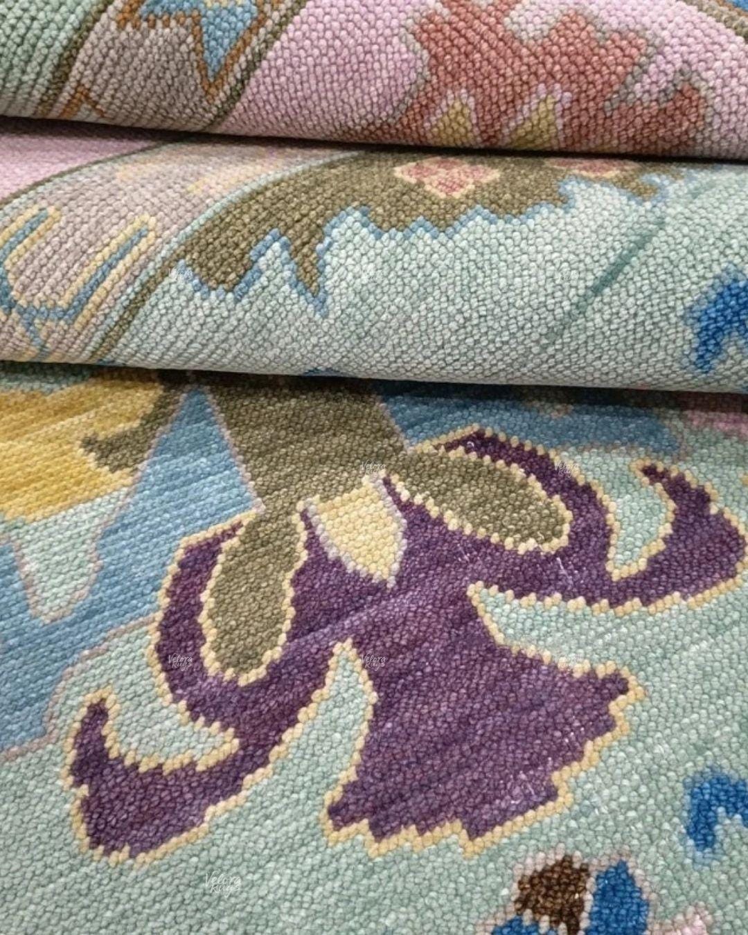 Mint Green Hand-Knotted Turkish Oushak Rug | Pastel Multicolor Area Rug | Soft Vintage Style Wool Rug | Custom Size Living Room Decor