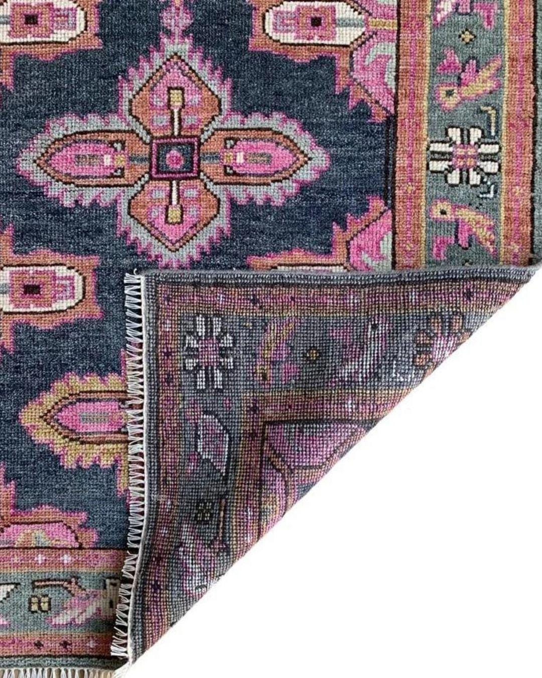 Navy Pink Oushak Hand Knotted Oushak Rug | Antique Oriental Design Area Carpet in 5x8, 6x9, 8x10,9x12 ft for Living Room,Bedroom or Kitchen