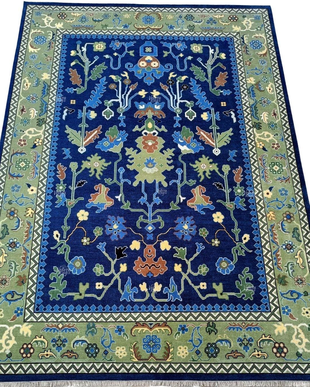 Blue Green Oushak Persian Floral Rug, Antique Style, Handmade Area Rug in 4x6, 5x8, 6x9, 8x10, 9x12 ft - Perfect for Bedroom or Kitchen