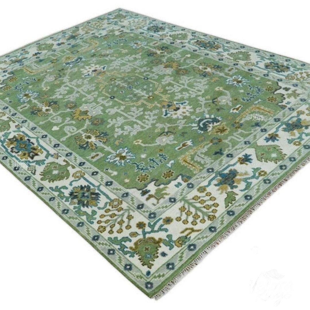 Green Hand-Knotted Wool Area Rug | Traditional Oriental Oushak Design | Vintage Turkish Style Carpet | Bohemian Living Room Rug  And Bedroom