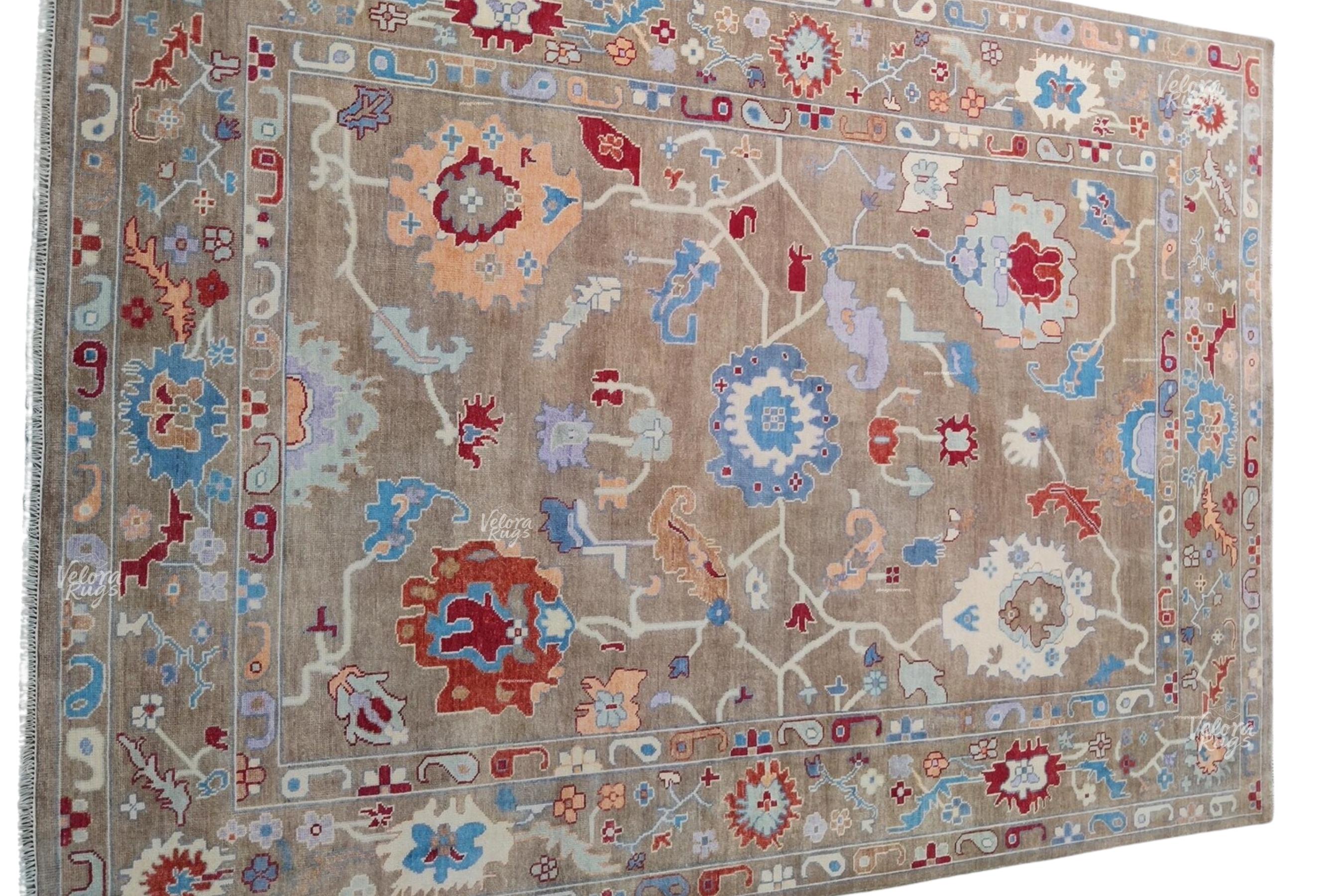 Elegant Beige Indo Oushak Rug, Hand Knotted Floral Pattern Rug for Living Spaces. Available in  4x6 to 12x15 ft | Antique and Modern Design