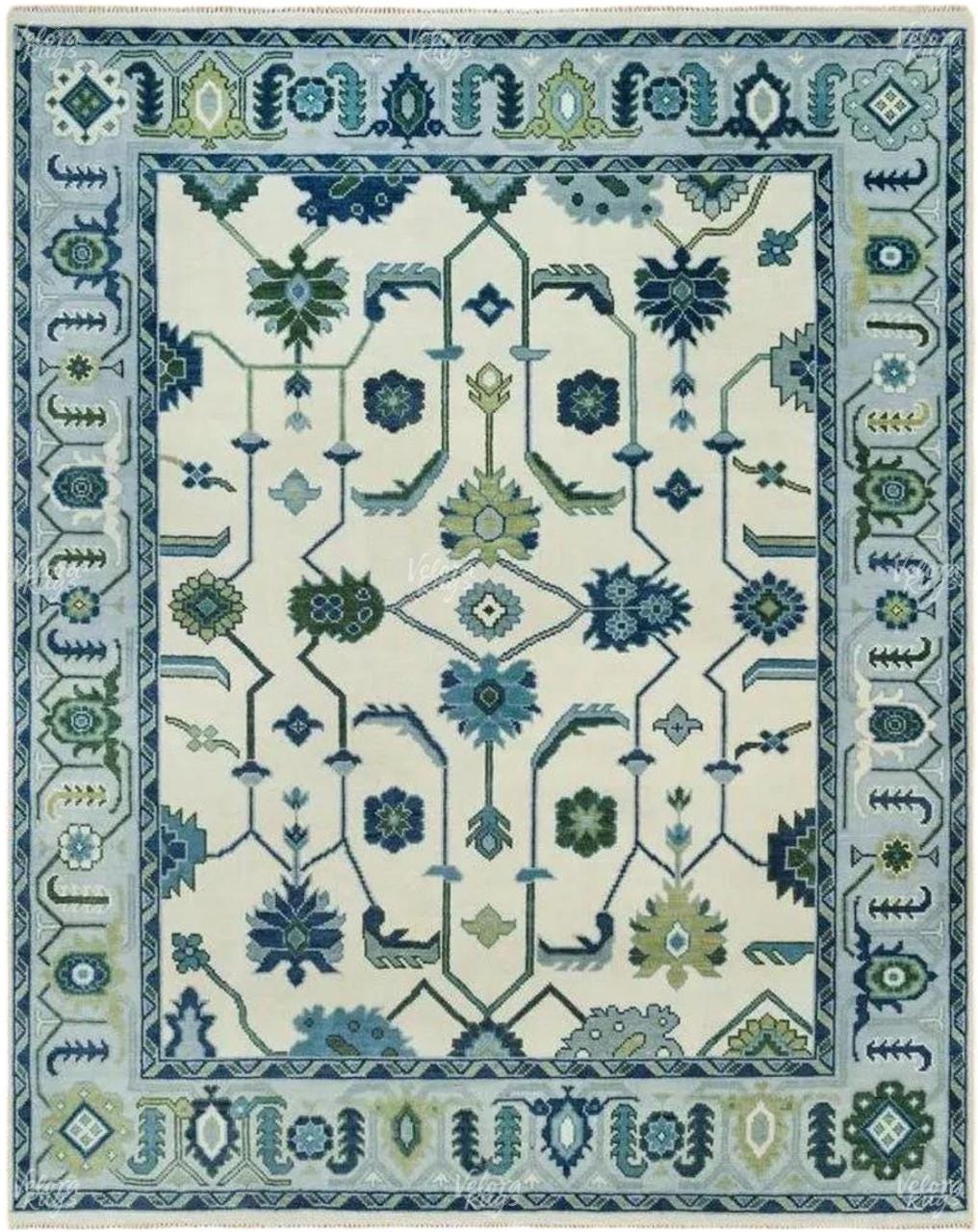 Ivory & Blue Indo Oushak Hand Knotted Rug 4x6, 5x8, 6x9, 8x10, 9x12, 10x14, 12x15 ft Handmade Rugs for Living Room - Antique Ethnic rug