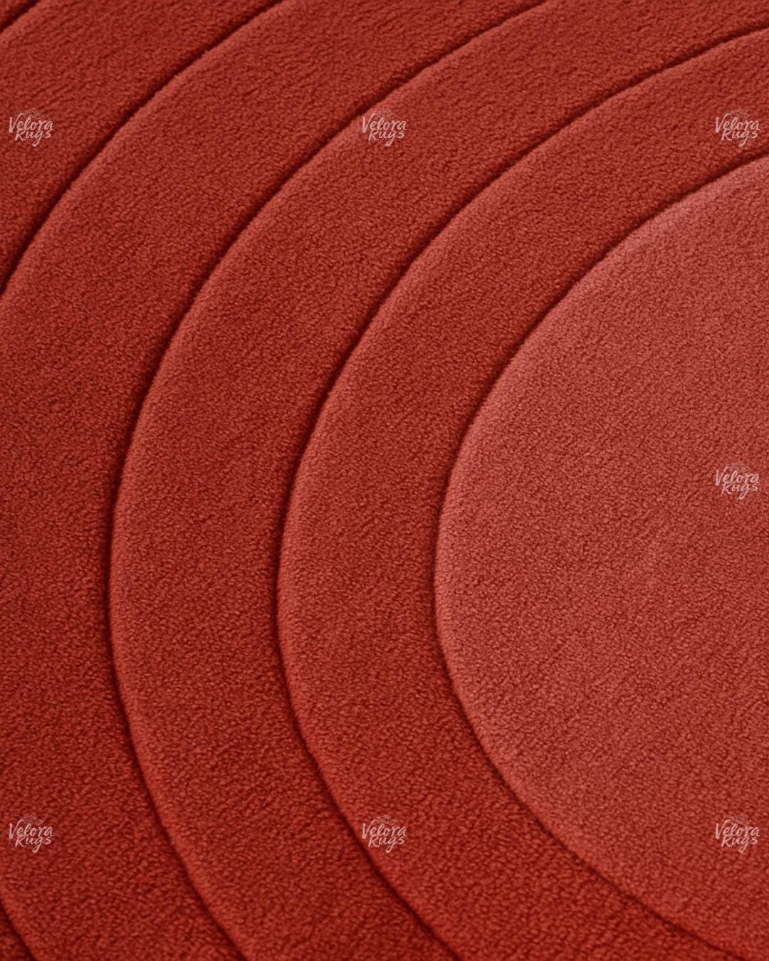 Red Round Tufted Rug – Modern Gradient Wool Area Carpet | Handmade 3D Circle Rug for Living Room | Minimalist Contemporary Home Decor