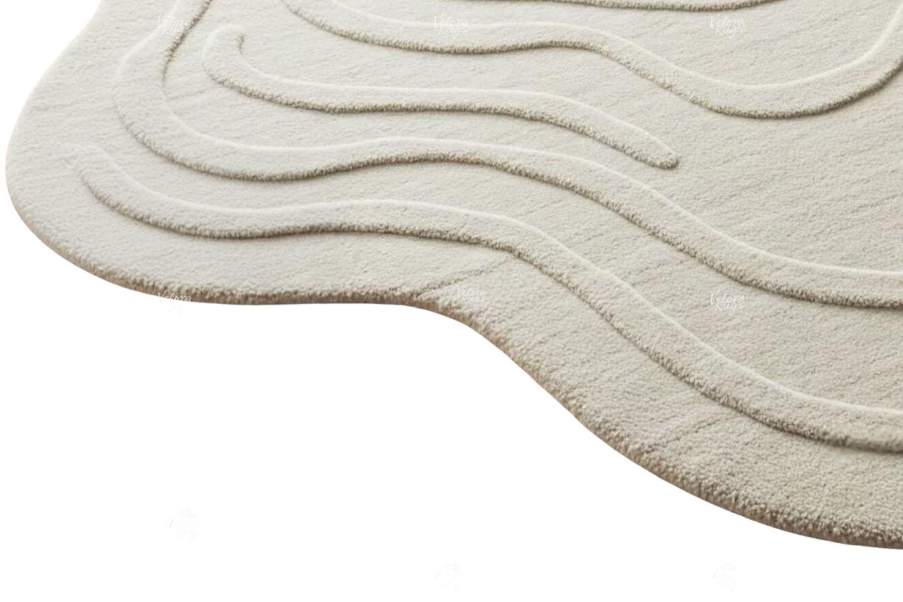 Hand-Tufted Ivory Rug | Modern Abstract Wave Carpet | Minimalist Cream Wool Area Rug | Soft Textured Floor Mat, Living Room & Bedroom Decor