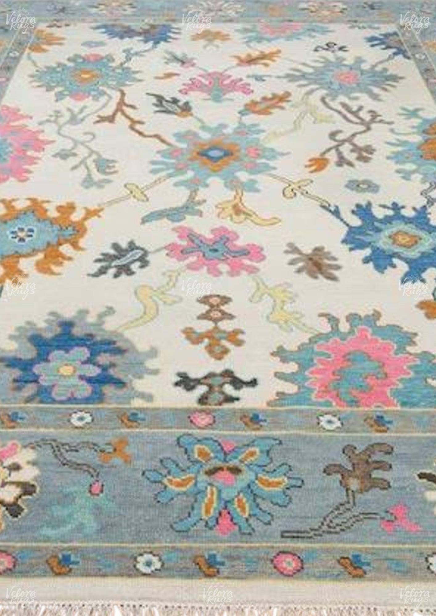 Hand-Knotted Oushak Wool Rug: Beige & Blue Turkish Area Carpet