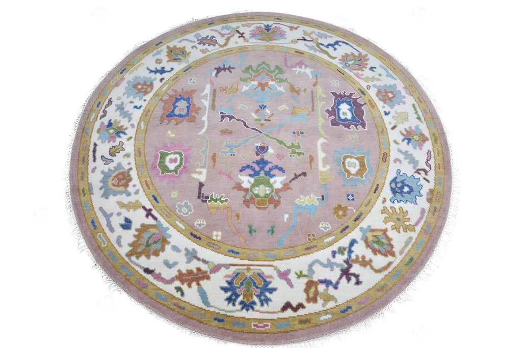 Pink Round Oushak Rug 5' 6' 7' 8' 9' 10' Diameter - Hand Knotted Wool Oushak Style Rug For Living Room, Dining & Kitchen Area