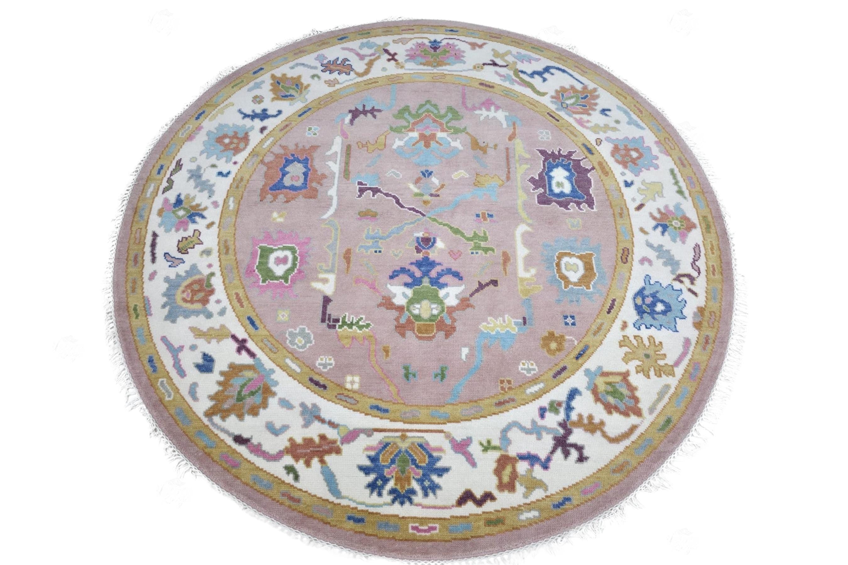 Pink Round Oushak Rug 5' 6' 7' 8' 9' 10' Diameter - Hand Knotted Wool Oushak Style Rug For Living Room, Dining & Kitchen Area