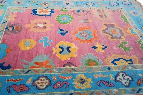 9x12 Hot Pink Oushak – Hand Knotted Wool Area Rug | Aqua Blue & Yellow Border | Vibrant Turkish Boho Decor | Modern Colorful Living Room Rug