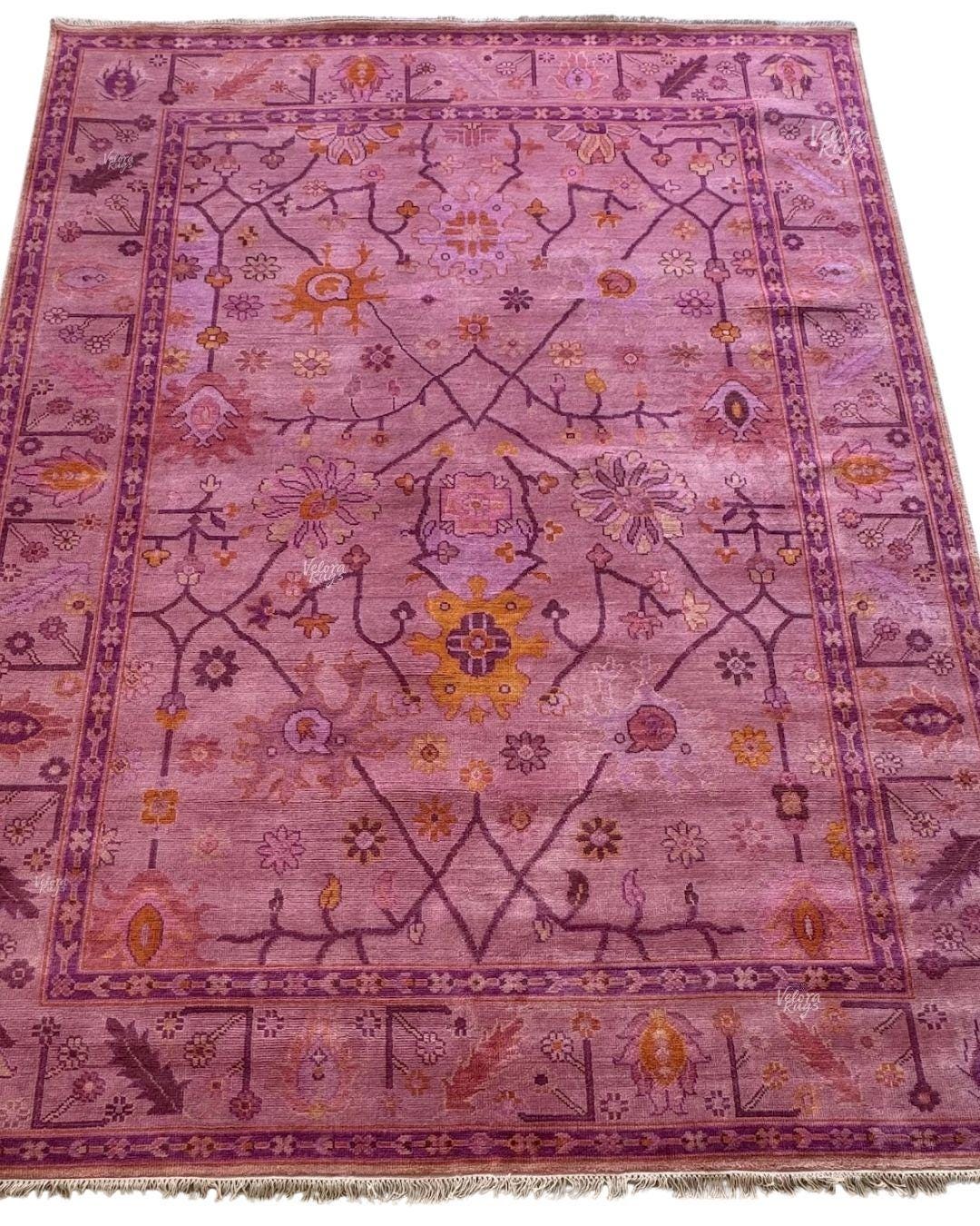 Hand Knotted Purple Oushak Rug – Modern Wool Turkish Style Carpet, Pink Floral Oriental Area Rug for Living Room, Bedroom or Boho Home Decor