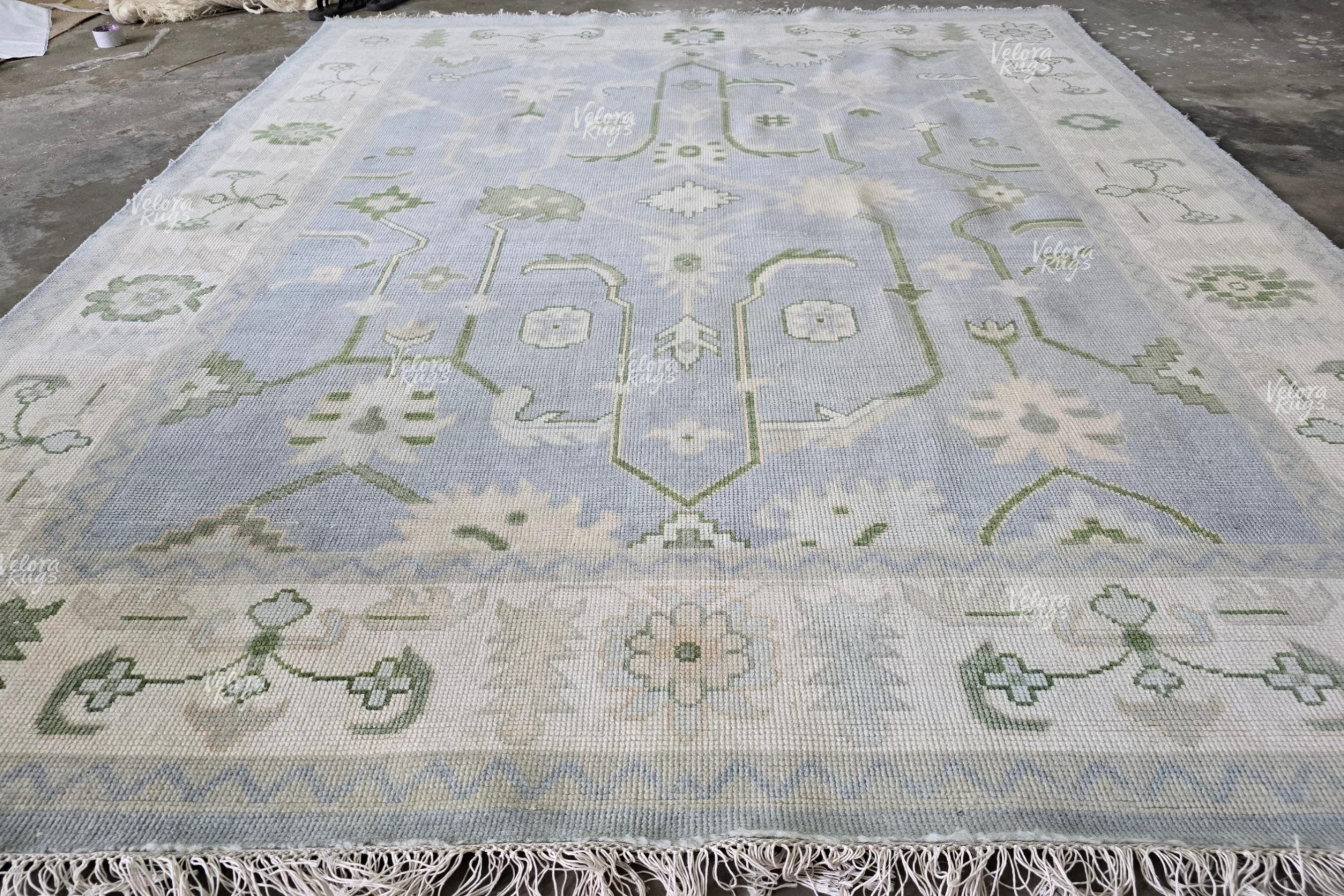 Modern Lt. Blue Indo Oushak Hand Knotted Rug, Antique Handmade Premium Wool Rugs for Living Room - Contemporary Floor Carpet | Custom Sizes