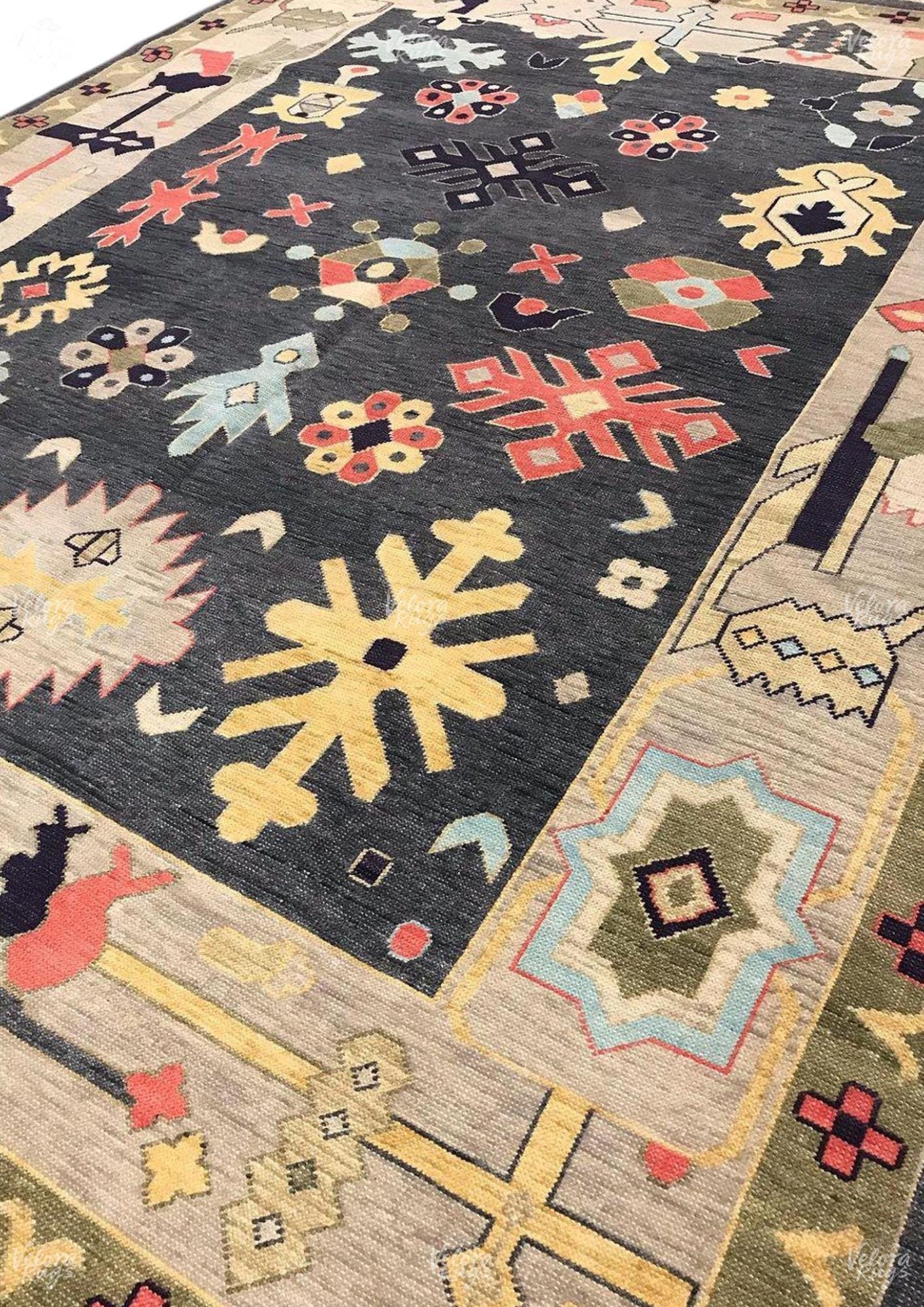 Hand Knotted Wool Oushak Rug: Beige & Black Tribal Carpet