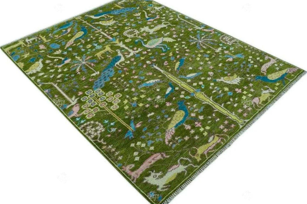 Hand Knotted Green Oushak Rug | Persian Animal Garden Area Rug 4x6, 5x8, 8x10, 9x12 ft | Anique Handmade Rug for Living Room &  Bedroom
