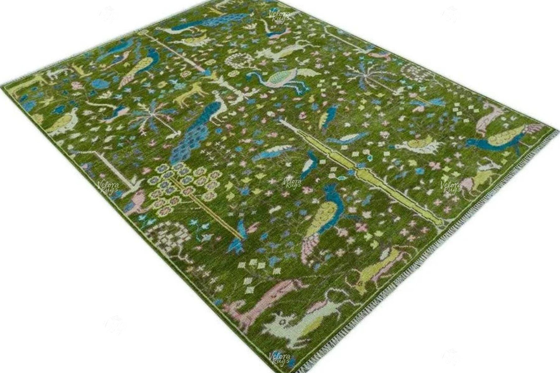 Hand Knotted Green Oushak Rug | Persian Animal Garden Area Rug 4x6, 5x8, 8x10, 9x12 ft | Anique Handmade Rug for Living Room &  Bedroom