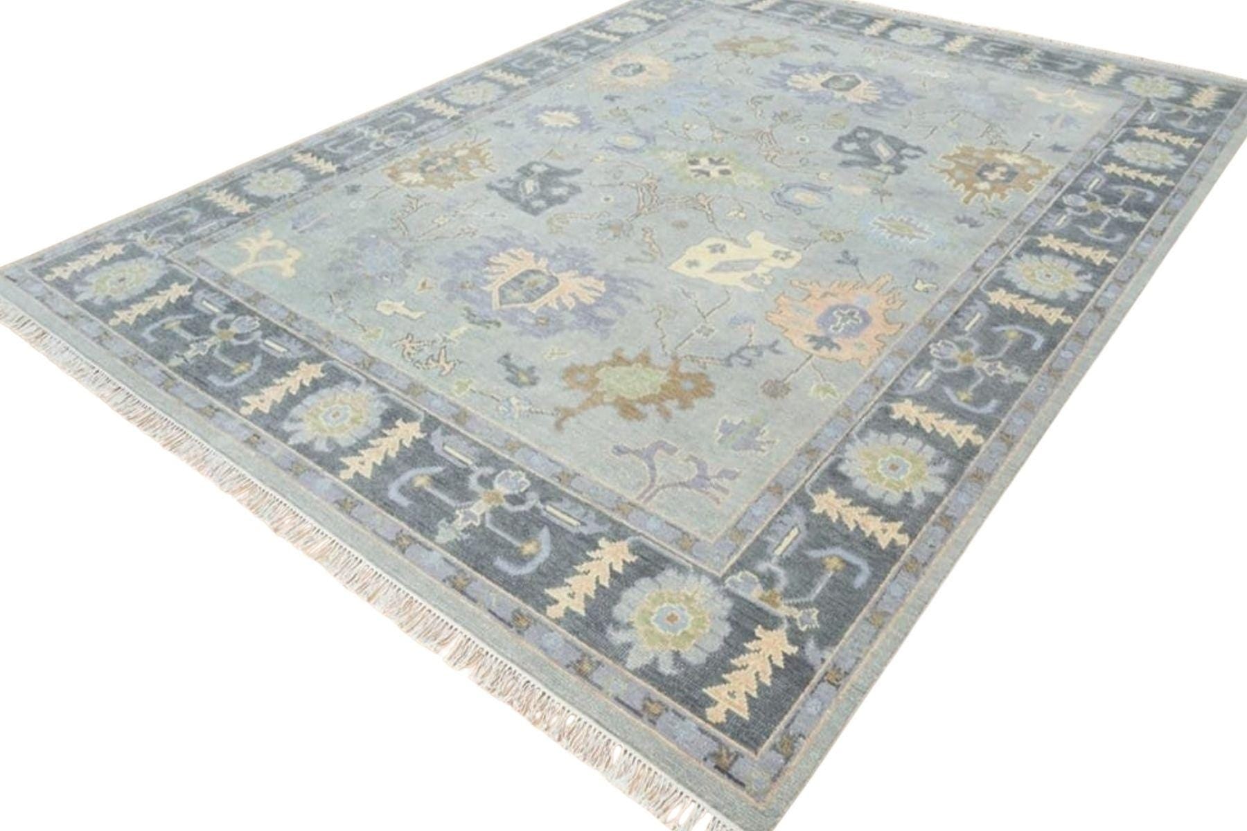 Hand Knotted 8x10 Blue Oushak Wool Rug | Traditional Turkish Floral Carpet | Vintage Style Oriental Area Rug | Living Room, Bedroom Decor