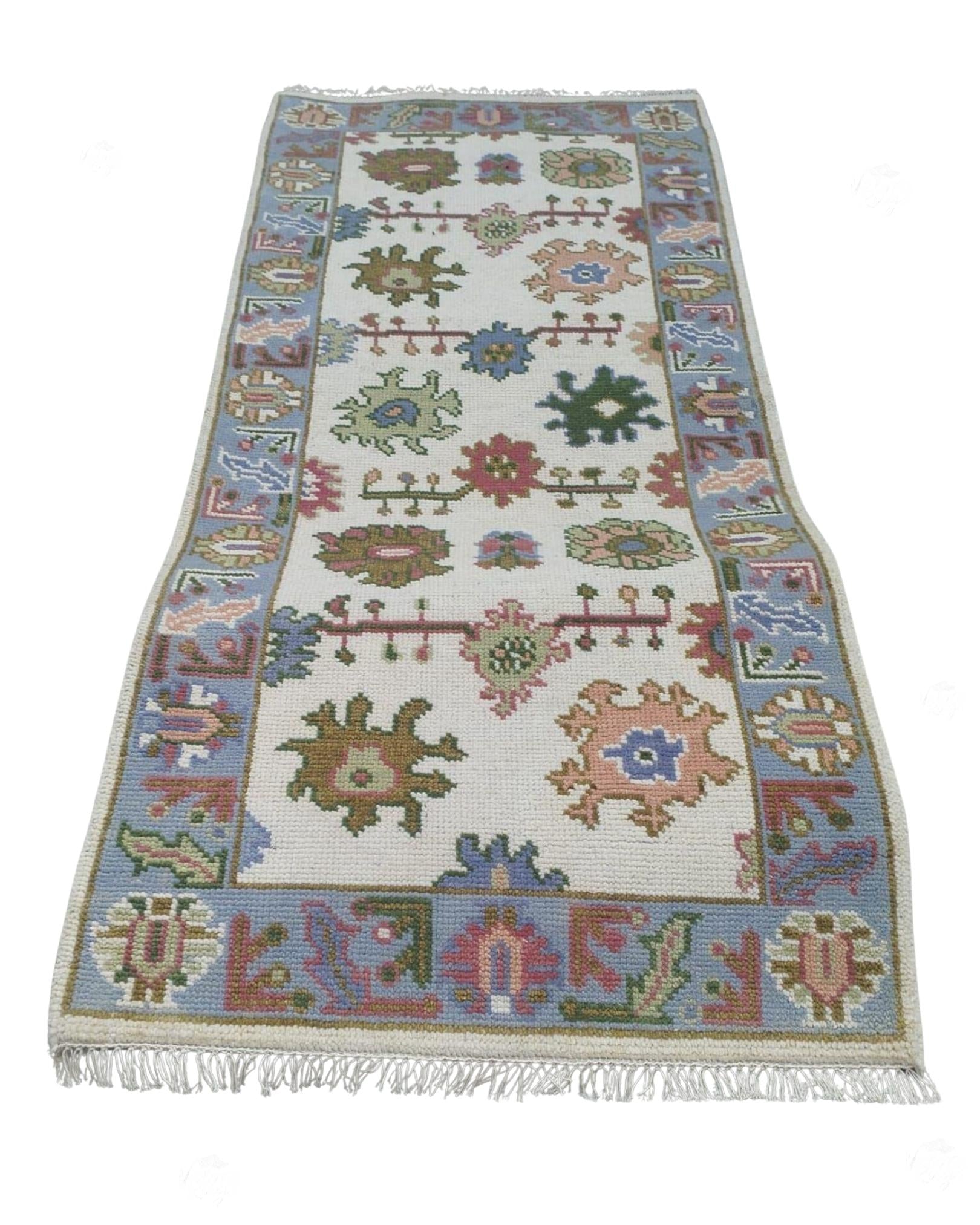 Handmade Oushak design Runner Rug - Cream - Blue color Contemporary Style Wool Runner Rug - Hallway Runner - Kitchen runner - Boho runner