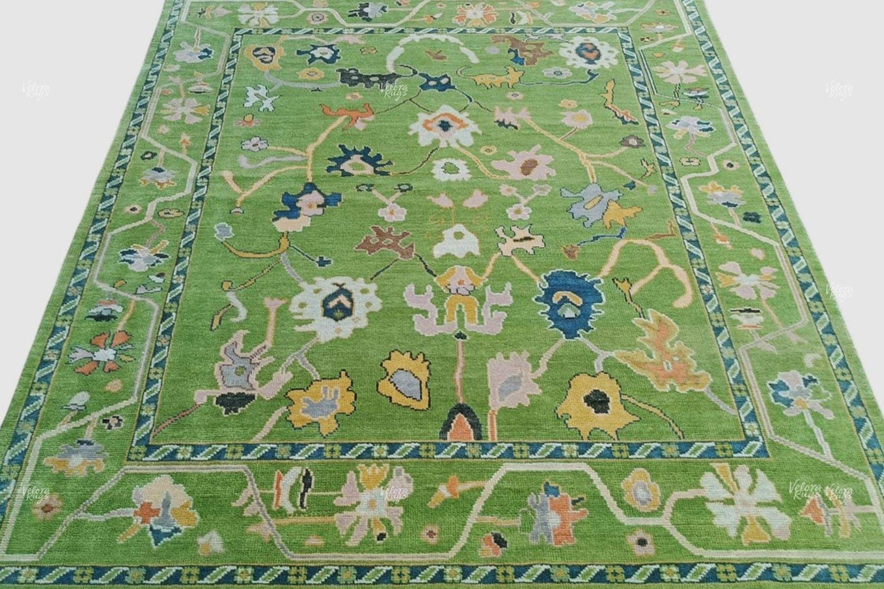 Green Oushak Hand Knotted Wool Rug | Vintage Turkish Style Area Carpet 9x12 ft | Moss Green Rug for Living Room, Bedroom & Dinning Hall