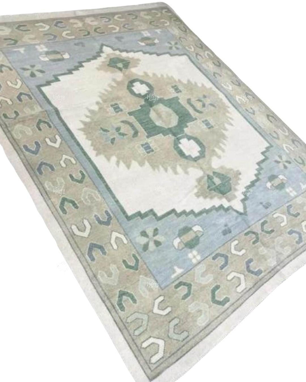 Green - Blue Oushak Rug – Hand Knotted Geometric Area Rug 4x6, 5x8, 9x12, 10x14 ft Handmade Rug for Living Room | Antique Style Ethnic Rug