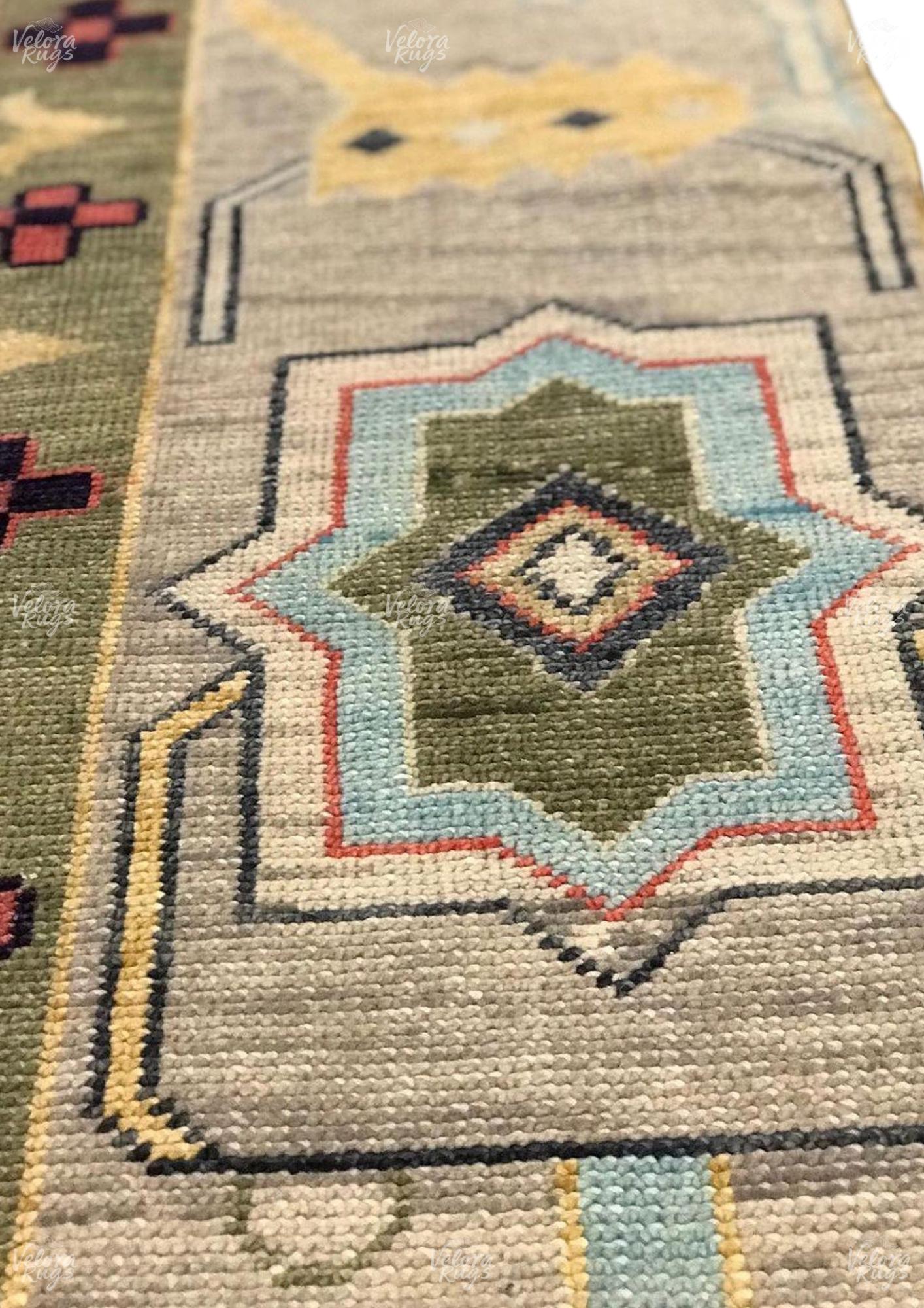 Hand Knotted Wool Oushak Rug: Beige & Black Tribal Carpet