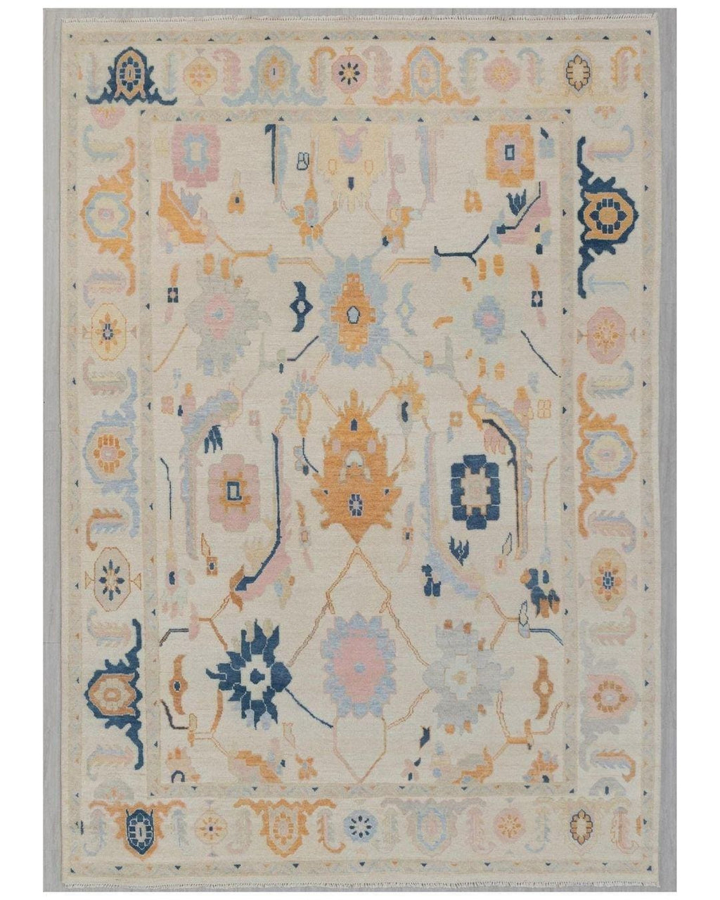 Hand Knotted Pastel Oushak Rug – Cream Beige Turkish Style Wool Carpet, Soft Floral Oriental Area Rug for Living Room, Bedroom or Dining