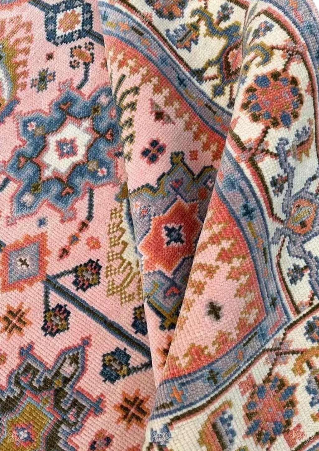 Hand-Knotted Pink Oushak Wool Rug: Turkish Style, Ivory Accents