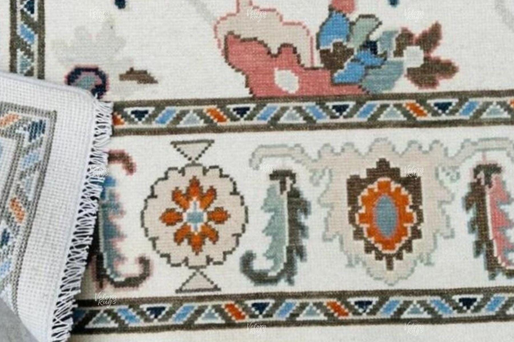 Hand Knotted Traditional Oushak Wool Rug | Cream Oriental Floral Carpet with Blue & Rust Accent | Vintage Turkish Style Area Rug 9x12, 10x14