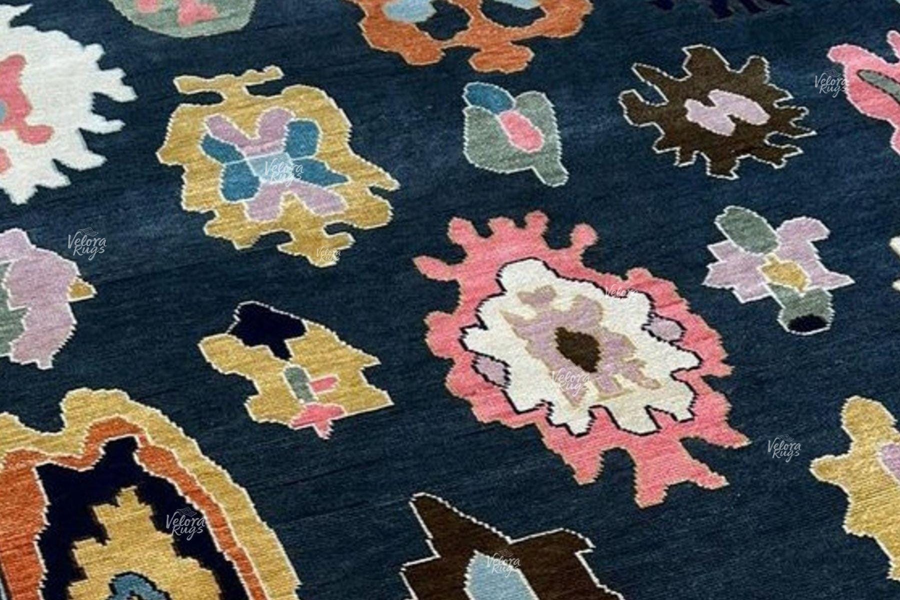 Bright Blue White Oushak Rug - Hand Knotted Wool, Antique Style Modern Abstract Handmade Area Rug in 8x10, 9x12 ft for Living Room & Bedroom