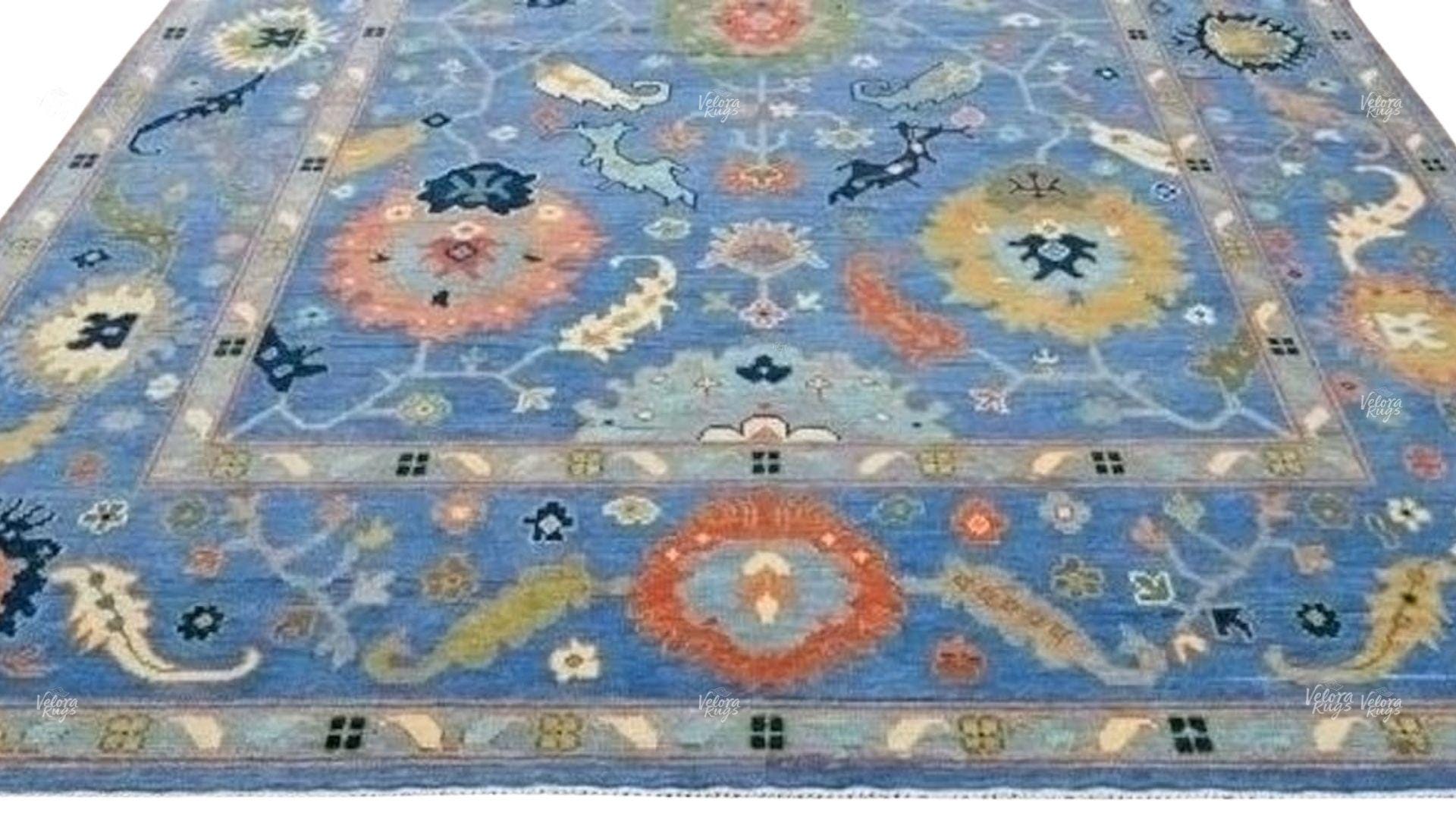 Hand Knotted Wool Rug | Sky Blue Oushak Area Carpet | Traditional Oriental Floral Design | Living Room Home Decor | Vintage Boho Style Rug