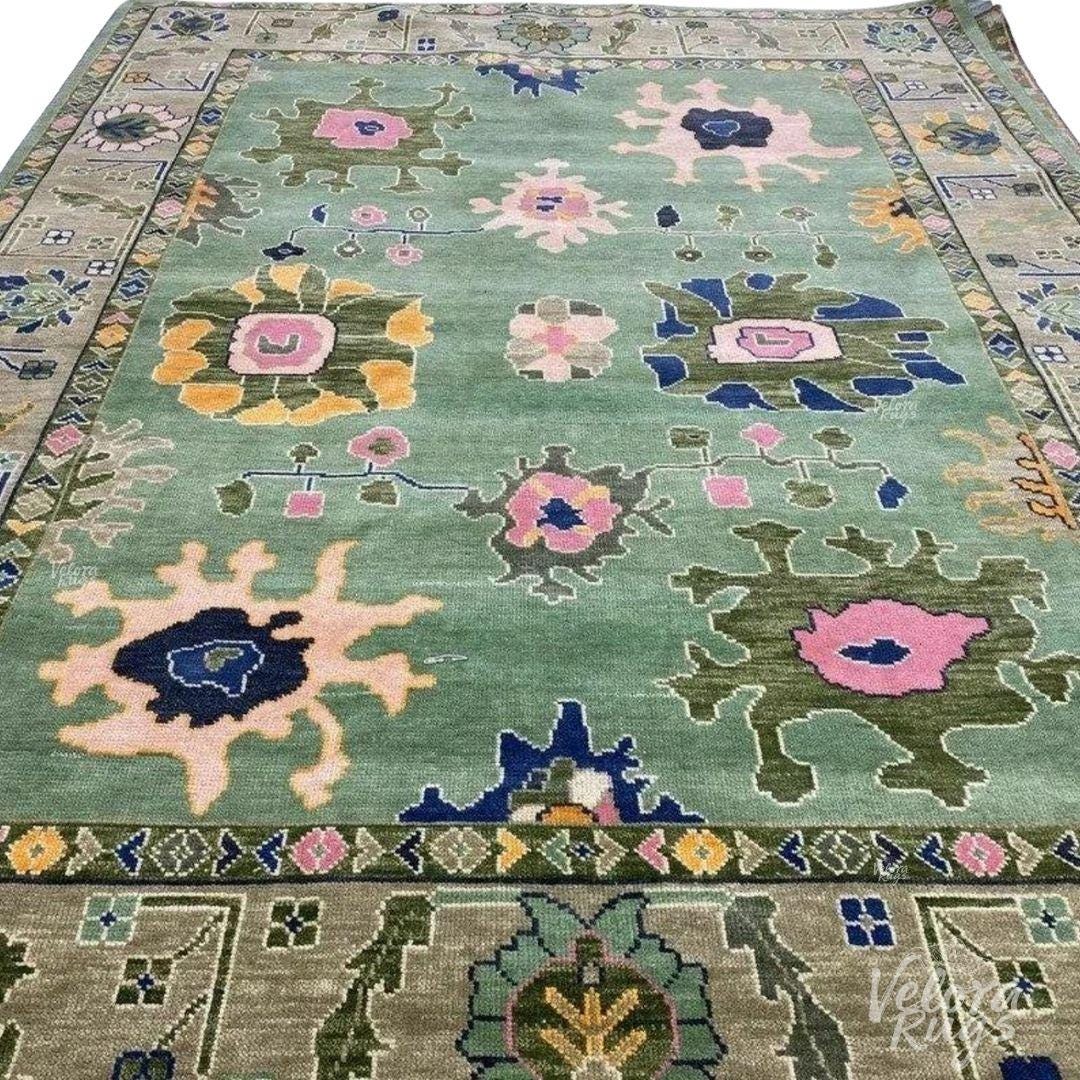 Hand Knotted Green Oushak Wool Rug | Traditional Floral Pattern Carpet | Vintage Turkish Style Area Rug for Living Room & Bedroom |