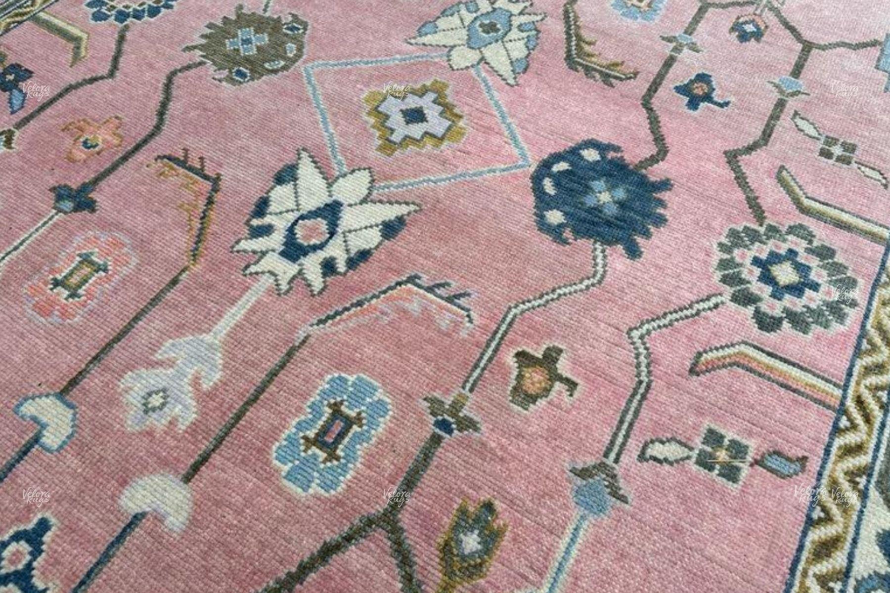 Hand Knotted Pink Wool Rug | Oushak Oriental Area Carpet | Vintage Turkish Style Floral Design | Living Room Boho Home Decor Rug