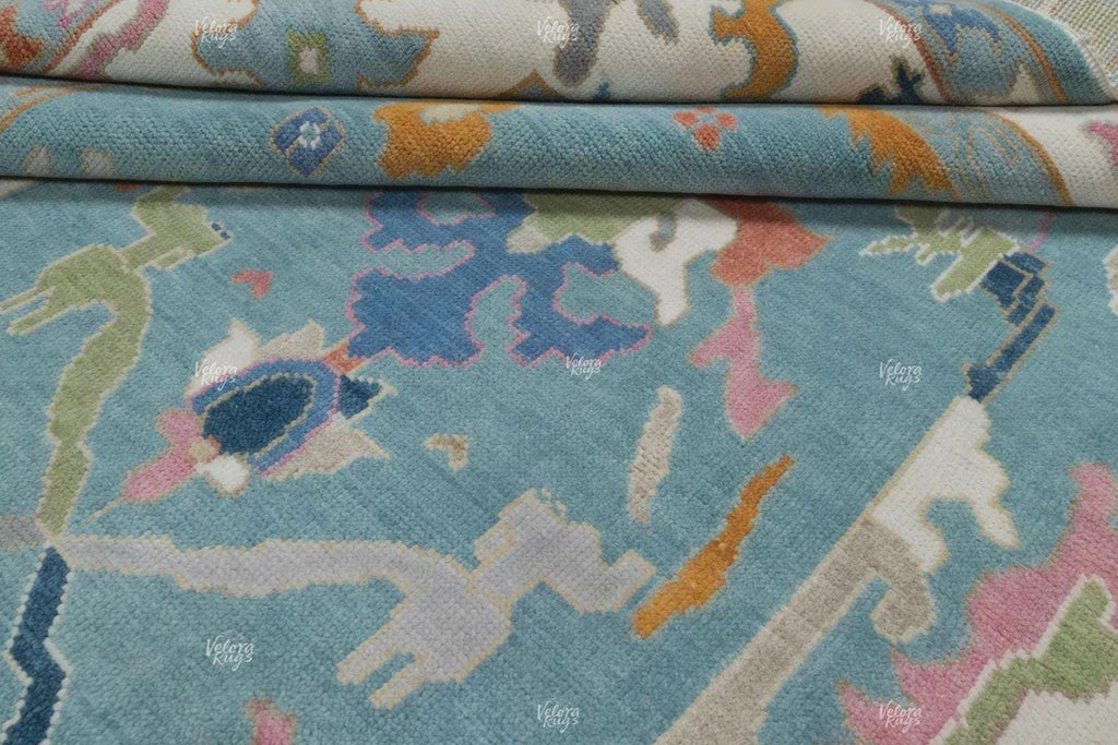 Blue Hand-Knotted Modern Oushak Rug- Antique-Style Contemporary Design, Living Room Rug, Available in 4x6, 5x8, 6x9, 8x10, 9x12, 10x14 ft