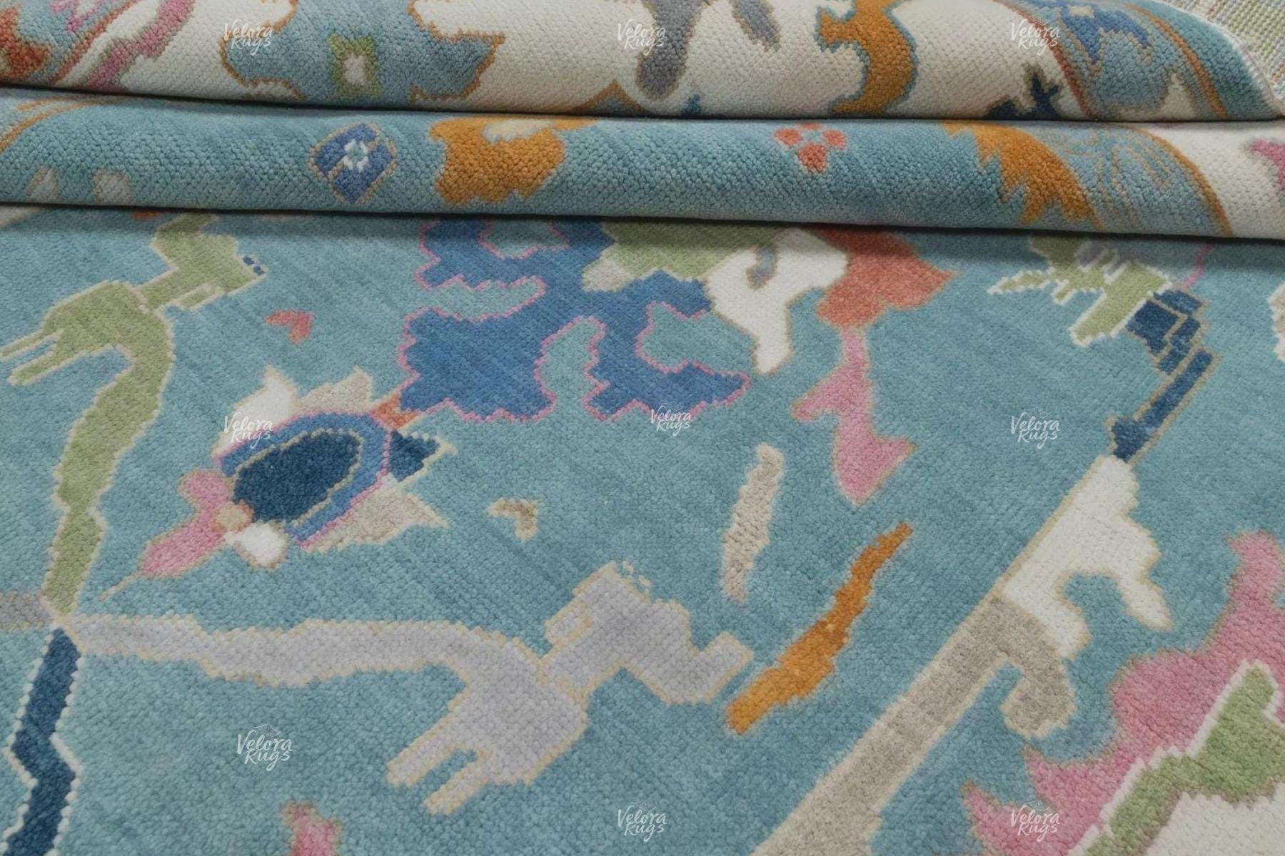 Blue Hand-Knotted Modern Oushak Rug- Antique-Style Contemporary Design, Living Room Rug, Available in 4x6, 5x8, 6x9, 8x10, 9x12, 10x14 ft