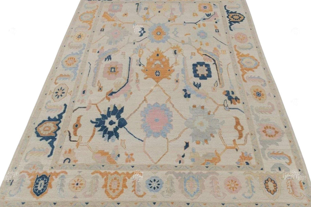 Hand Knotted Pastel Oushak Rug – Cream Beige Turkish Style Wool Carpet, Soft Floral Oriental Area Rug for Living Room, Bedroom or Dining
