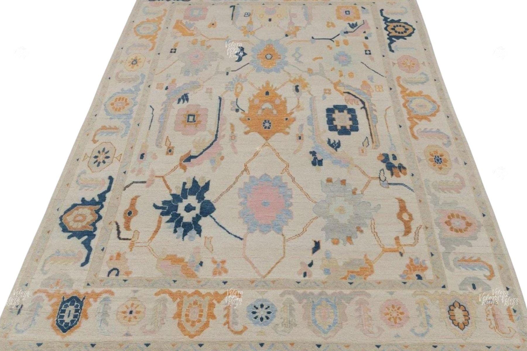 Hand Knotted Pastel Oushak Rug – Cream Beige Turkish Style Wool Carpet, Soft Floral Oriental Area Rug for Living Room, Bedroom or Dining