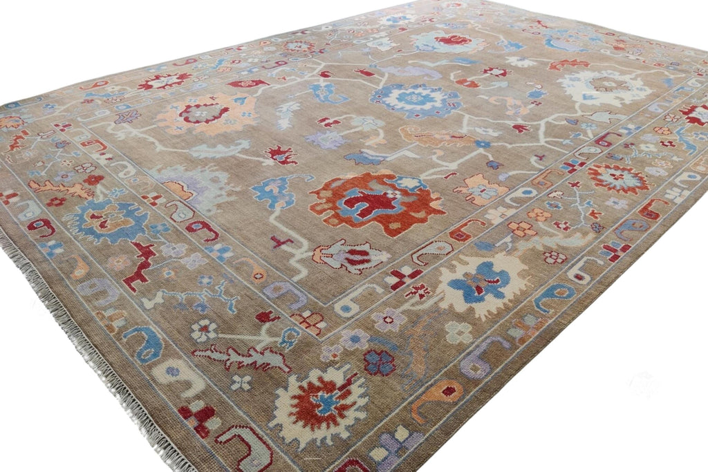 Elegant Beige Indo Oushak Rug, Hand Knotted Floral Pattern Rug for Living Spaces. Available in  4x6 to 12x15 ft | Antique and Modern Design