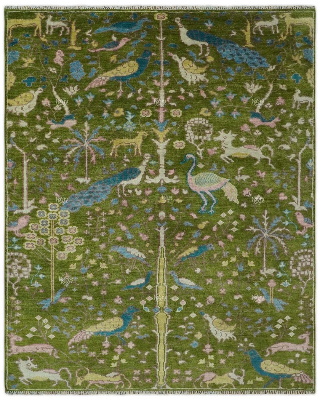 Hand Knotted Green Oushak Rug | Persian Animal Garden Area Rug 4x6, 5x8, 8x10, 9x12 ft | Anique Handmade Rug for Living Room &  Bedroom