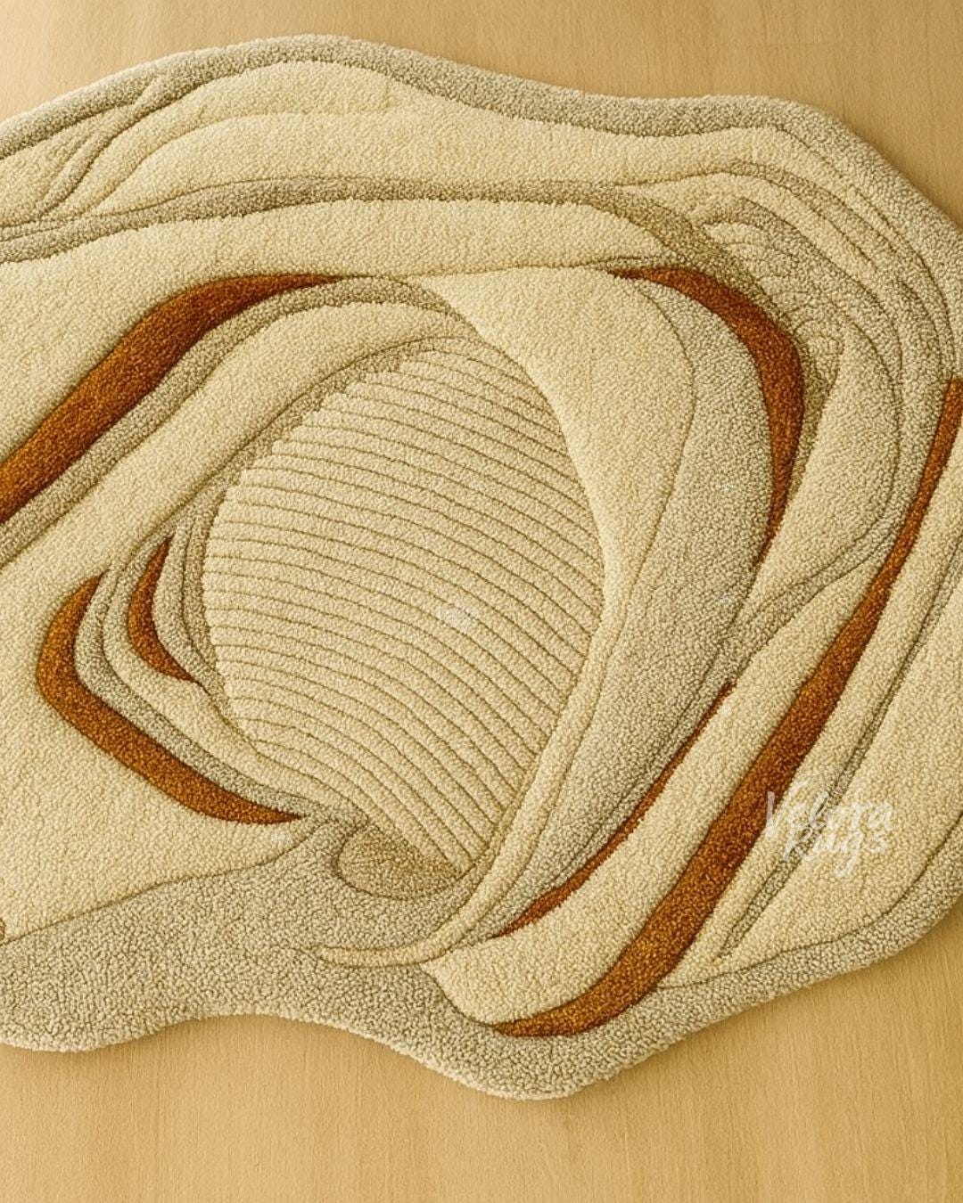 Beige Tufted Wool Rug – Abstract Modern Area Carpet | 3D Textured Handmade Rug with Rust Accents | Neutral Organic Shape Home Decor
