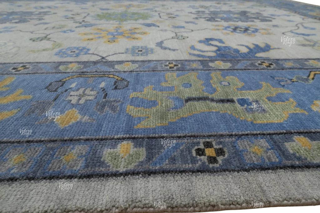 Elegant Hand-Knotted Ivory & Blue Oushak Rug - Antique-Style Contemporary Design, Available in 4x6, 8x10, 9x12, 10x14 ft | Living Room Rug