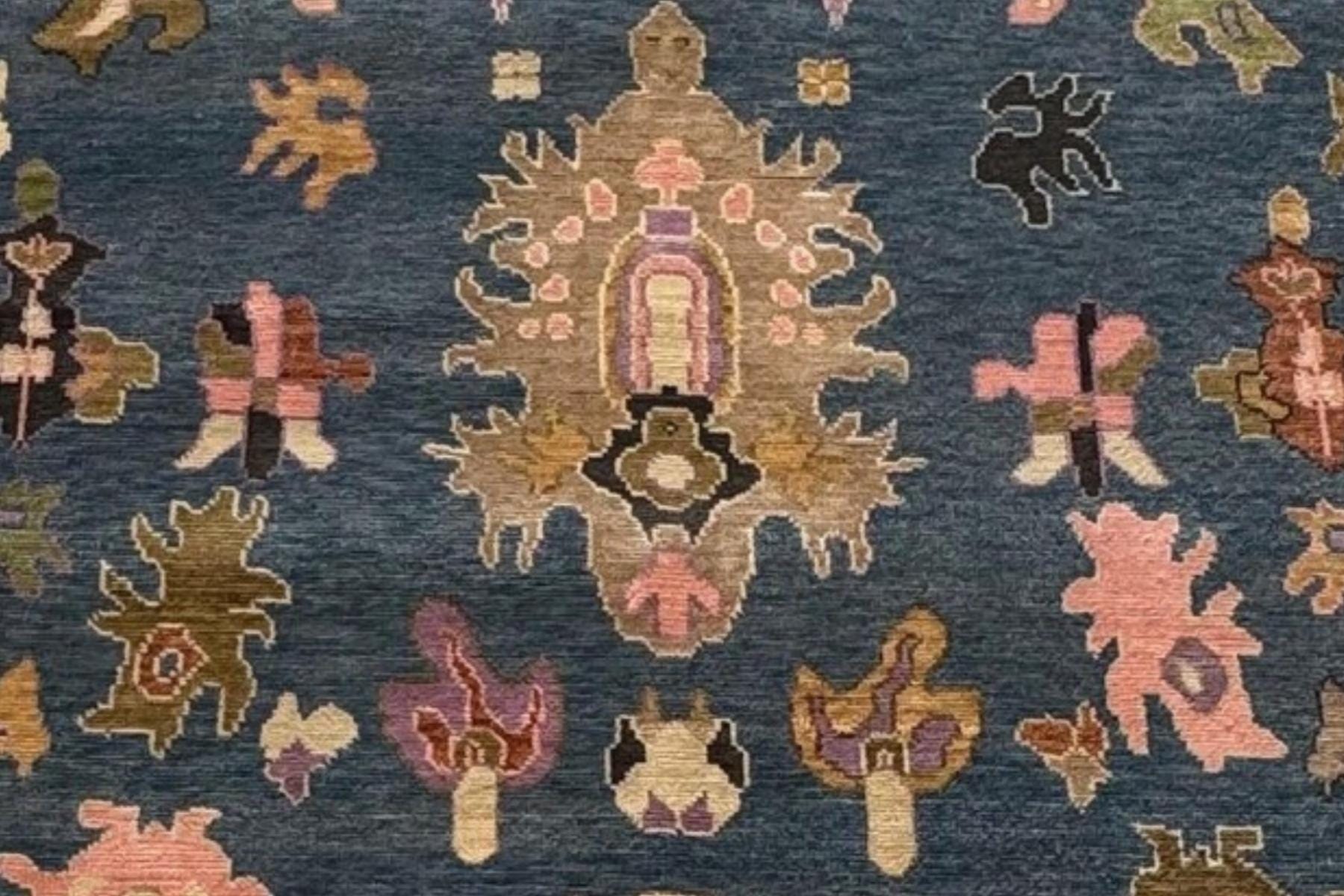 9x12 ft Blue - Lavender Hand Knotted Oushak Rug – Vintage Style Handmade Ethnic Rug | Elegant Boho Floral Rug for Living Room & Bedroom