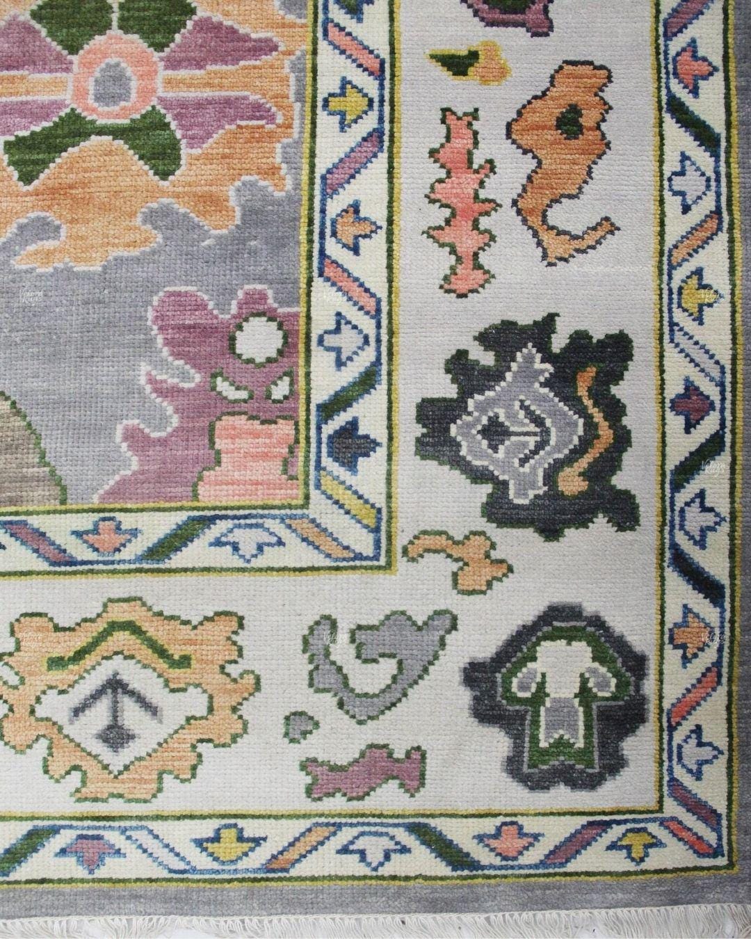 9x12 Hand Knotted Gray Oushak Rug – Modern Wool Turkish Style Carpet, Multicolor Floral Oriental Area Rug for Living Room, Bedroom or Dining