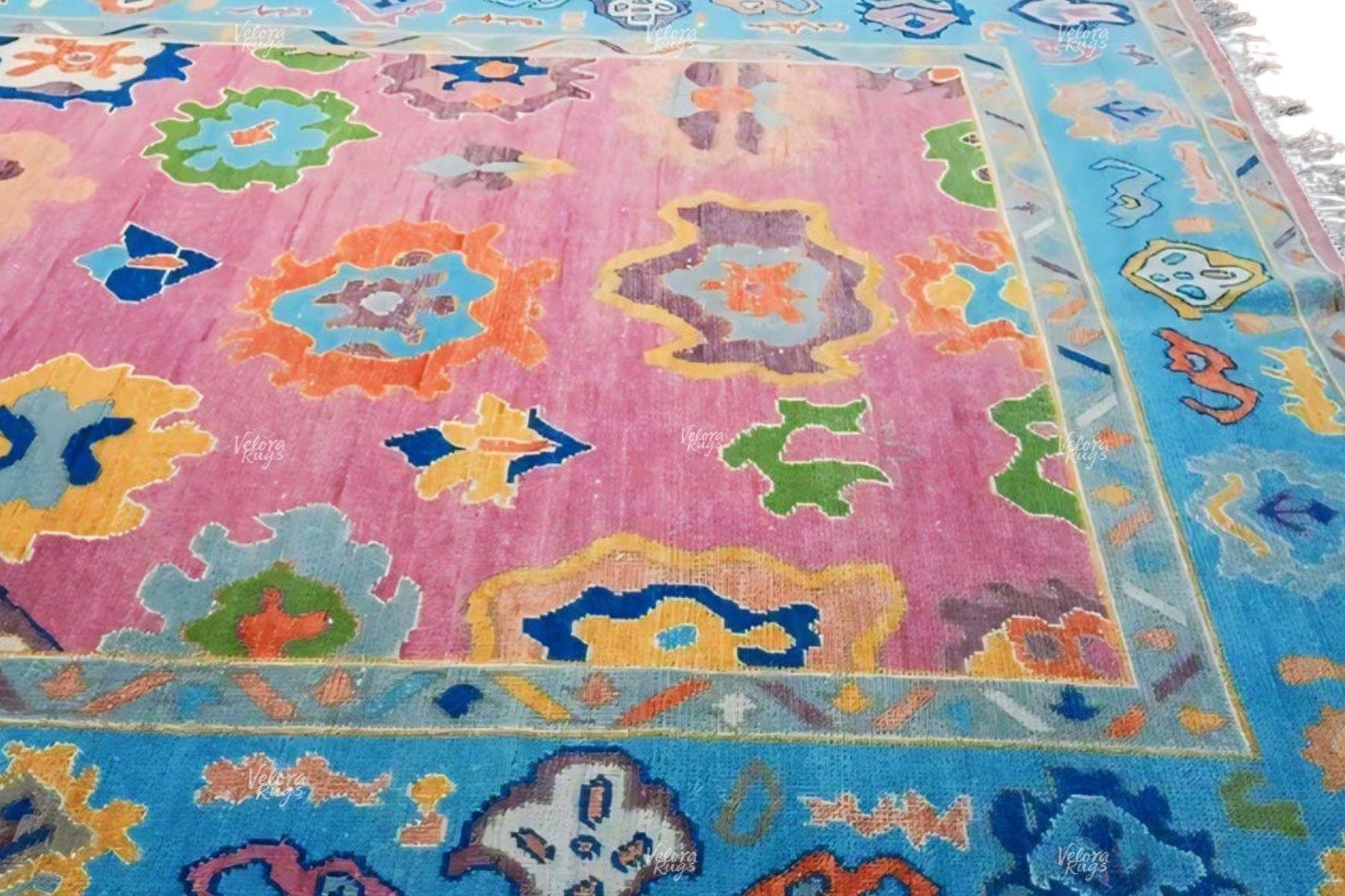 9x12 Hot Pink Oushak – Hand Knotted Wool Area Rug | Aqua Blue & Yellow Border | Vibrant Turkish Boho Decor | Modern Colorful Living Room Rug