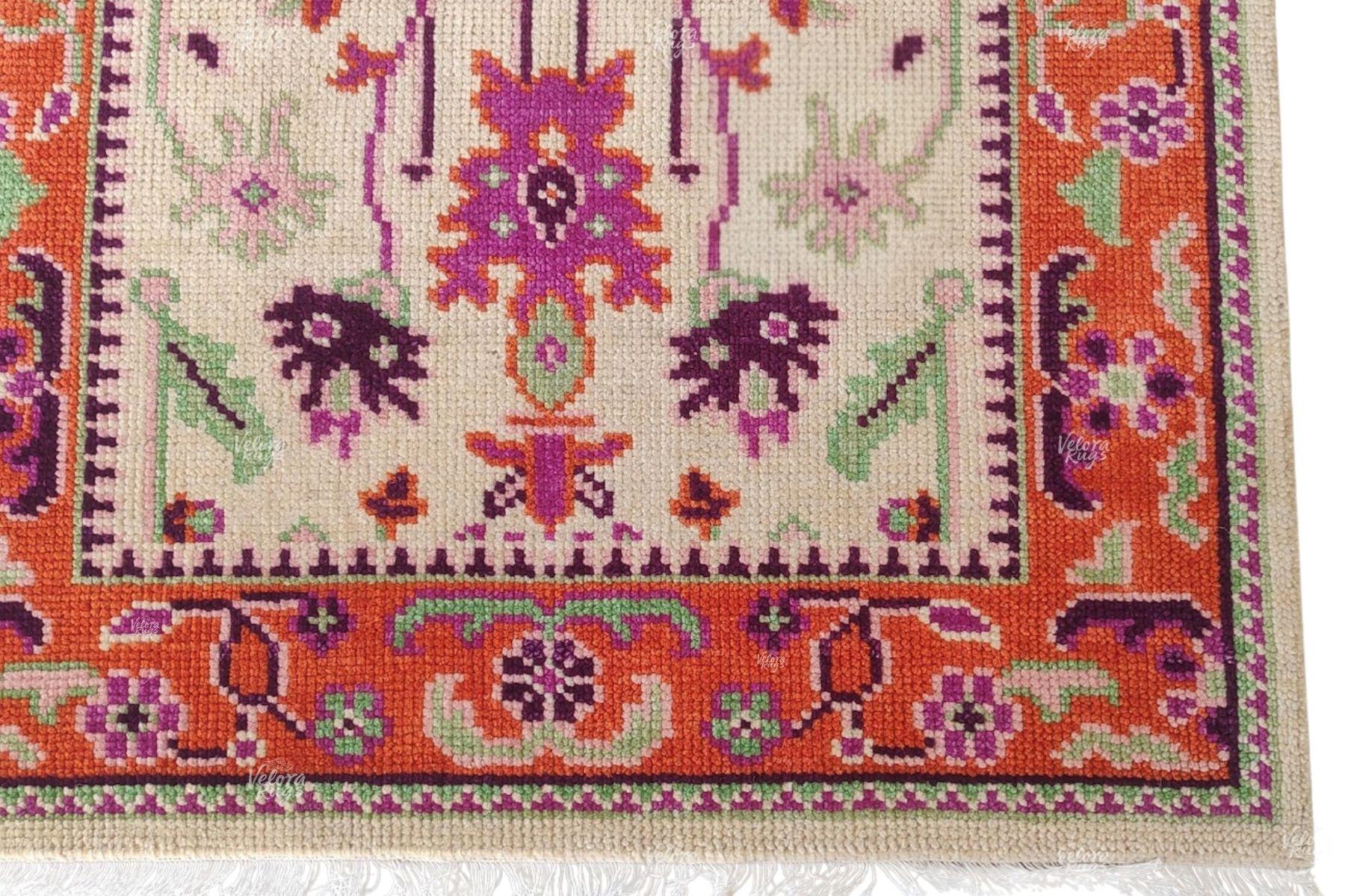 Handmade Beige Orange Runner Rug – Vintage Floral Turkish Hallway Woolen Carpet – Long Boho Accent Rug for Entryway, Kitchen, Bedroom Décor