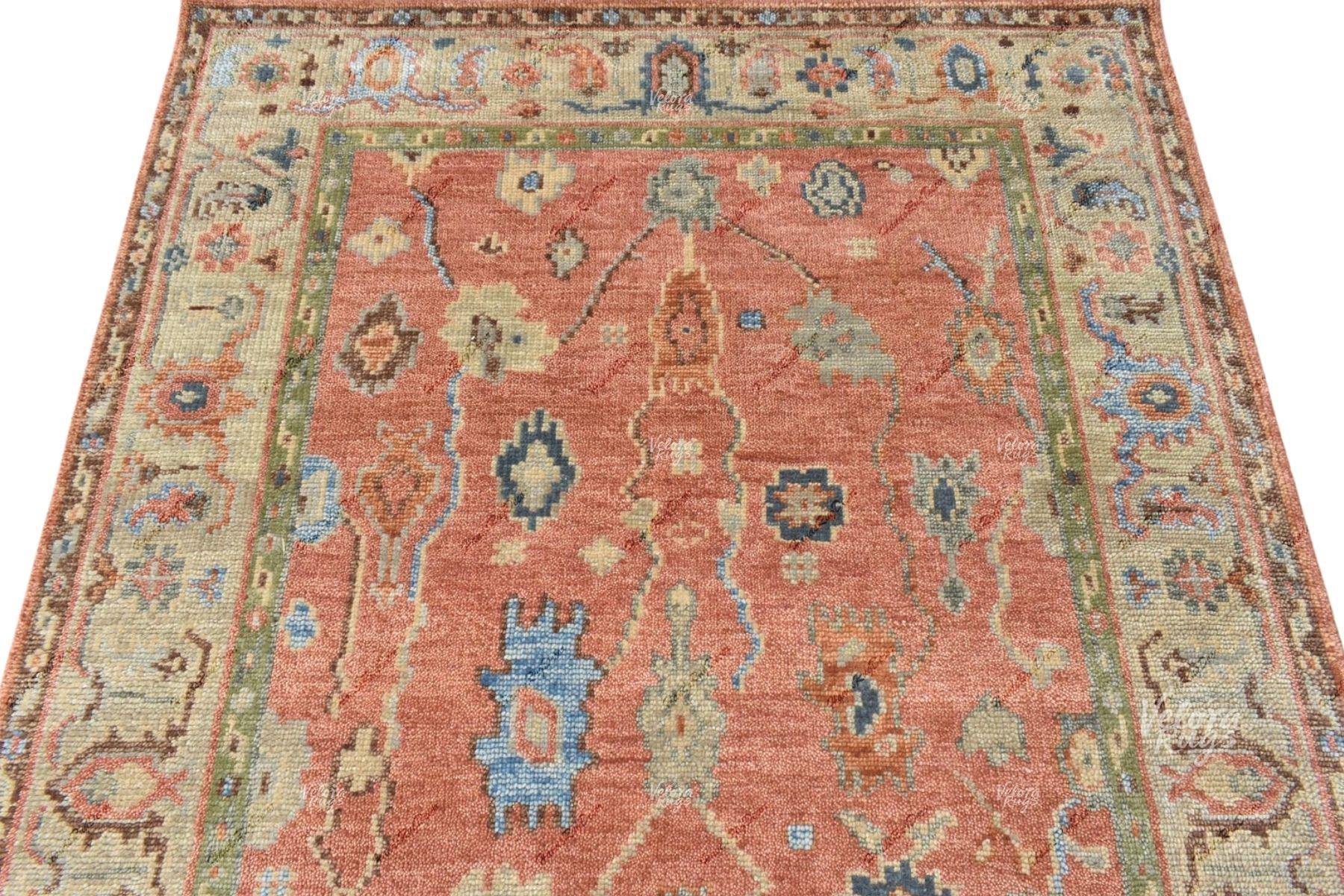 Terracotta Oushak Hand-Knotted Wool Turkish Rug | Burnt Orange Oriental Area Rug | Vintage Style Wool Rug | Custom Size Living Room Decor