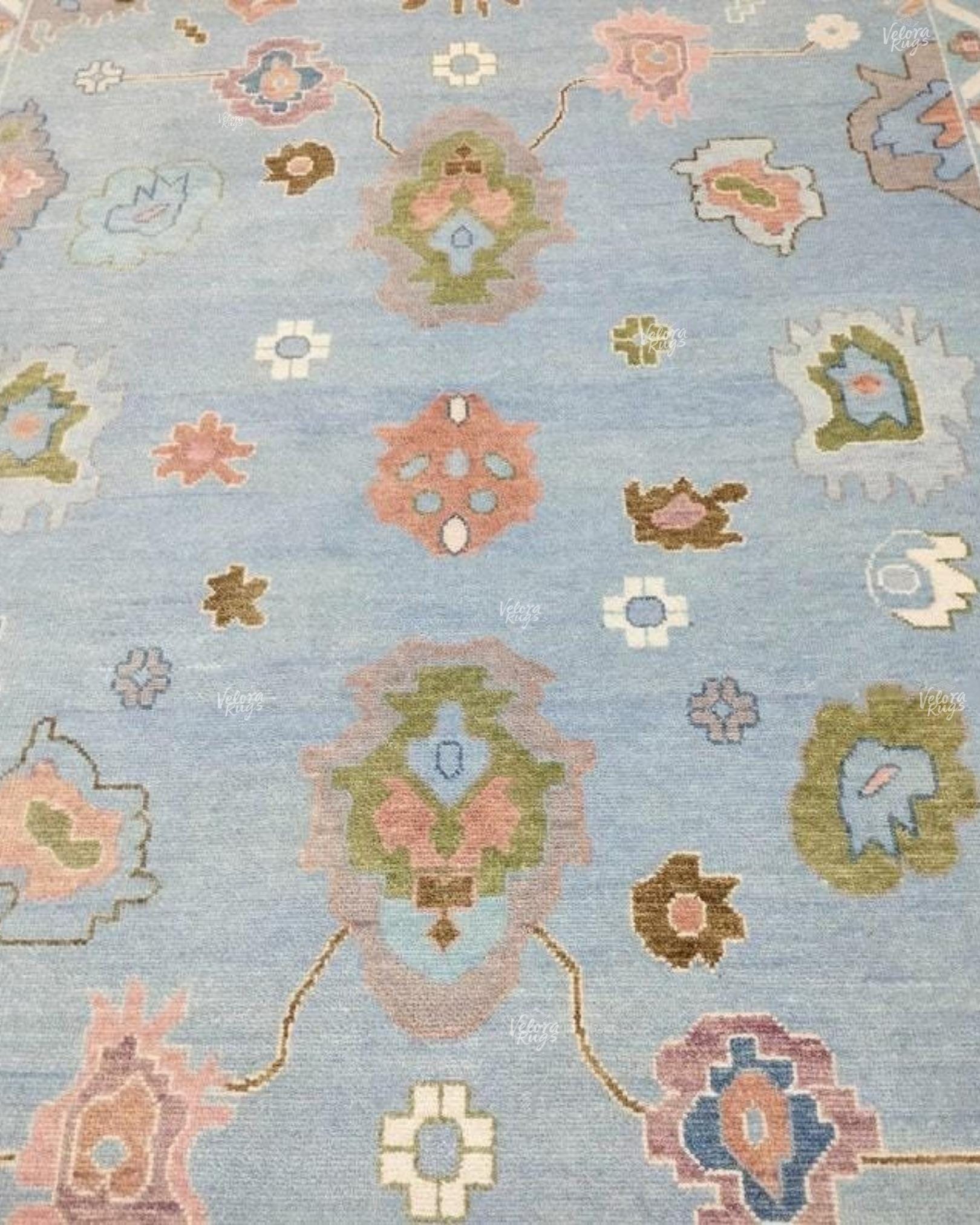 Light Blue Hand-Knotted Oushak Rug, Traditional Turkish Style Wool Area Rug, Handmade Rug for Living Room, Bedroom, or Dining | Custom sizes